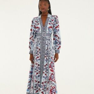 FARM Rio Light Blue Maxi Dress with Red Floral Border
